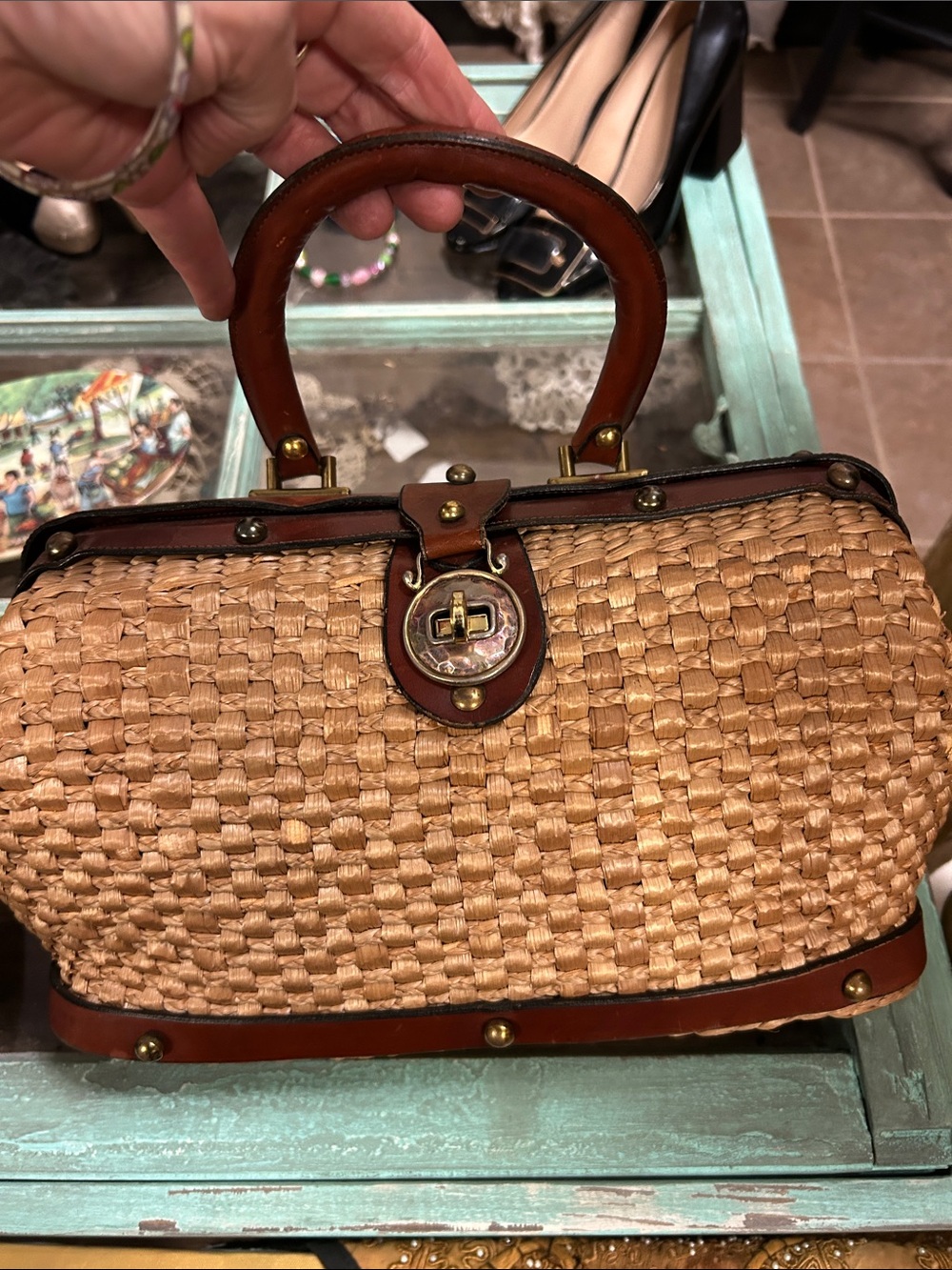 70s vintage John Romain Woven Straw Satchel with Brown Leather Trim